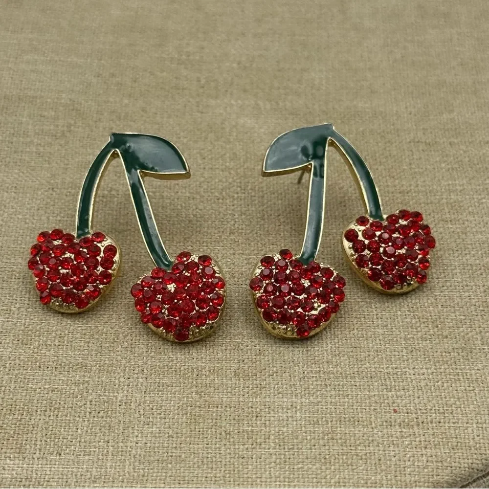 Red Crystal rhinestone Cherry Drop Earrings Women Jewelry